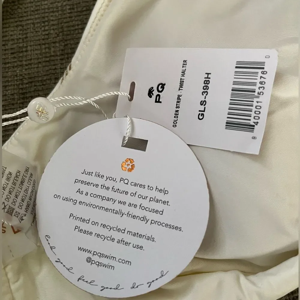 NWT PQ Swim Anthropologie Twist Ivory/Gold Adj Back Tie Padded/Lined Size D